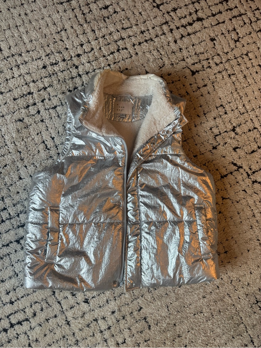 Metallic Silver Puffer Vest with Sherpa Lining